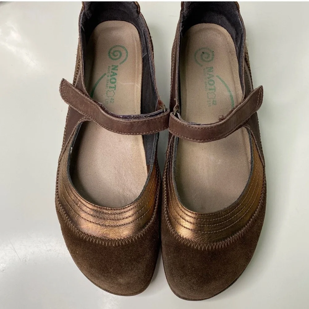 Naot Kirei Mary Jane Shoes Brown Suede Bronze Metallic Leather Strap EU 42 US 11